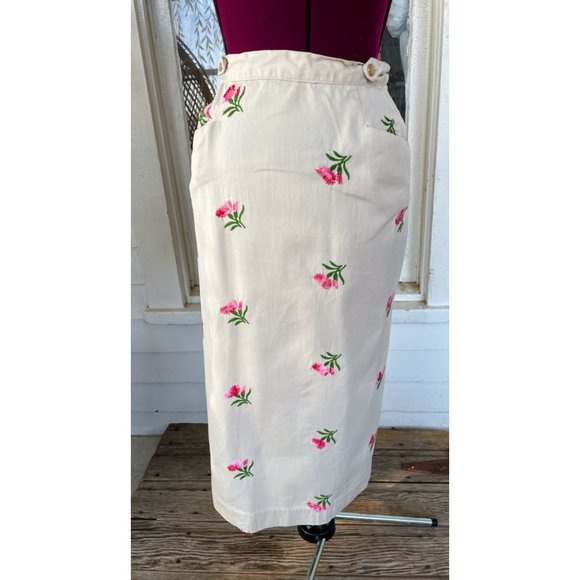 Vintage 1970s Cotton Wrap Skirt Embroidered Pink Flowers Sz M - Picture 12 of 12